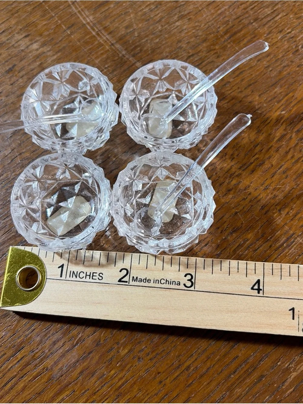 Vintage Viking 4 Pressed Glass Salt Cellars W/3 Mini Spoons-Japan-Diamond Cut